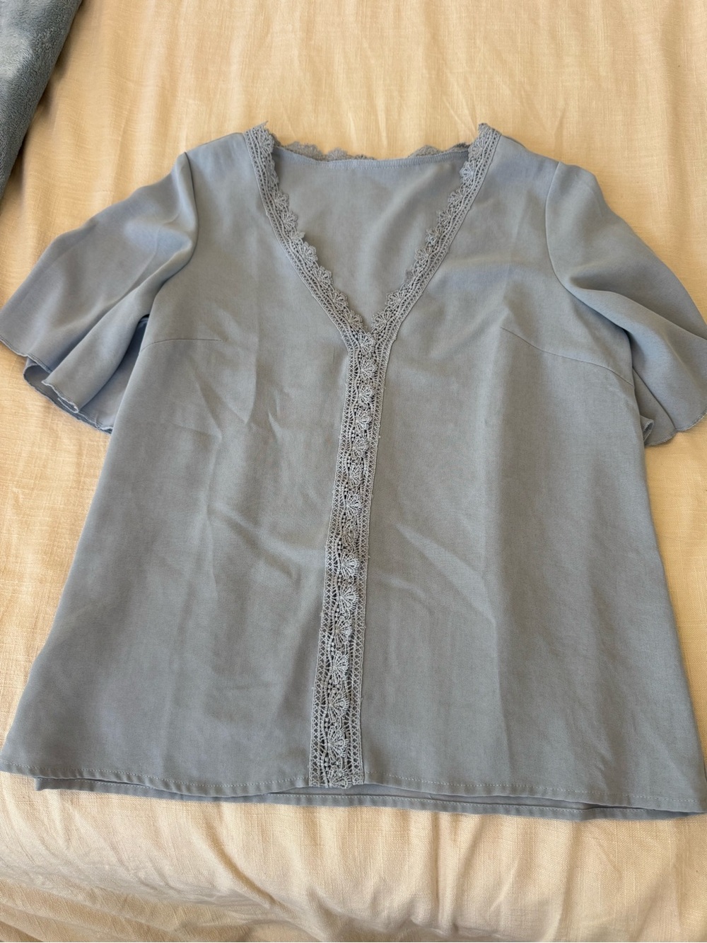 Light Blue Lace-Trim V-Neck Women's Top